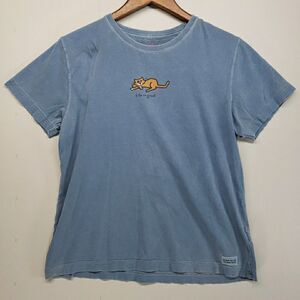 Life is Good Womens M Shirt Blue Orange Cat Graphic Cotton Short Sleeve Casual